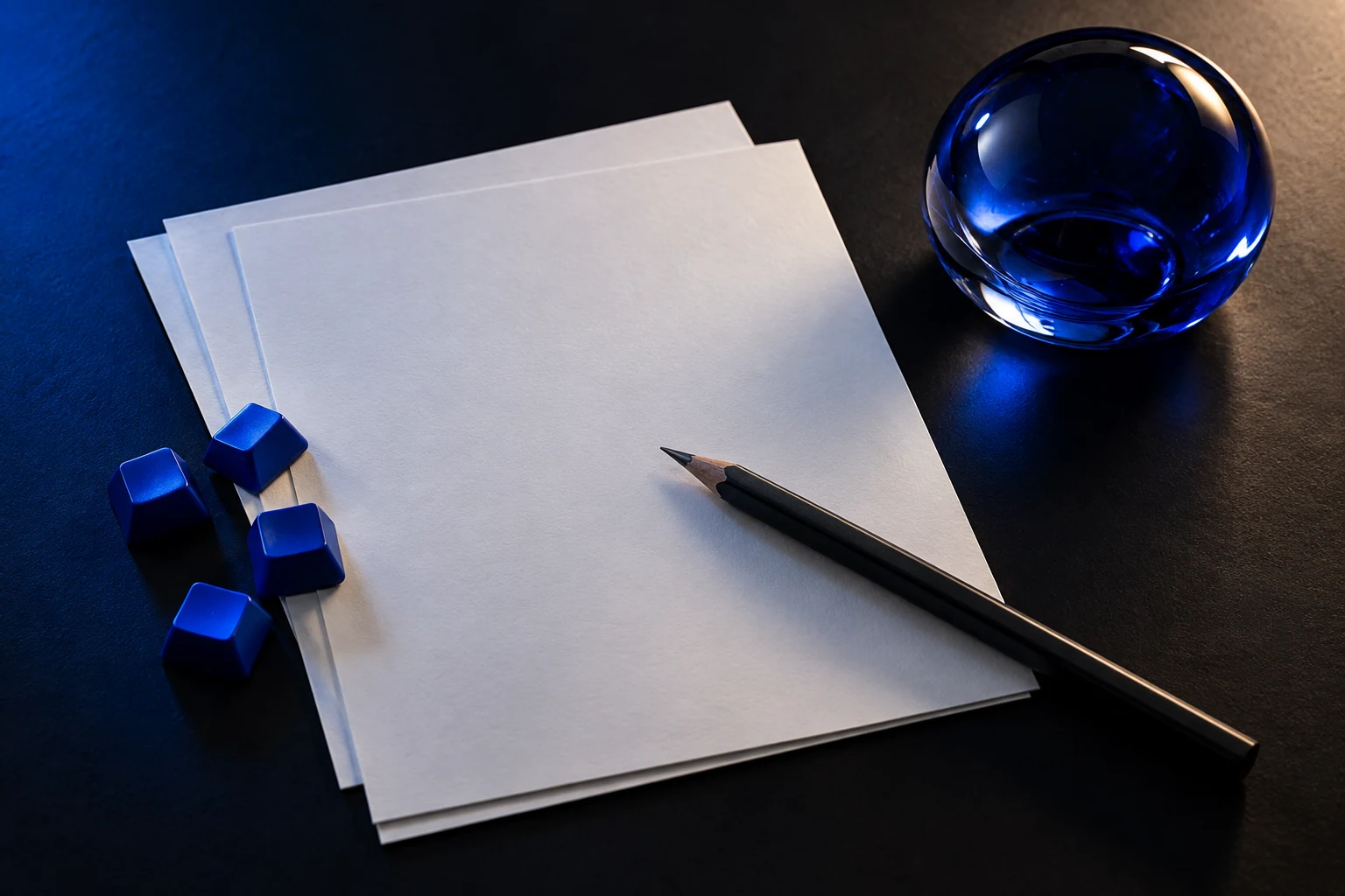 Paper, blue keyboard keys and a pencil on a dark studio desk
